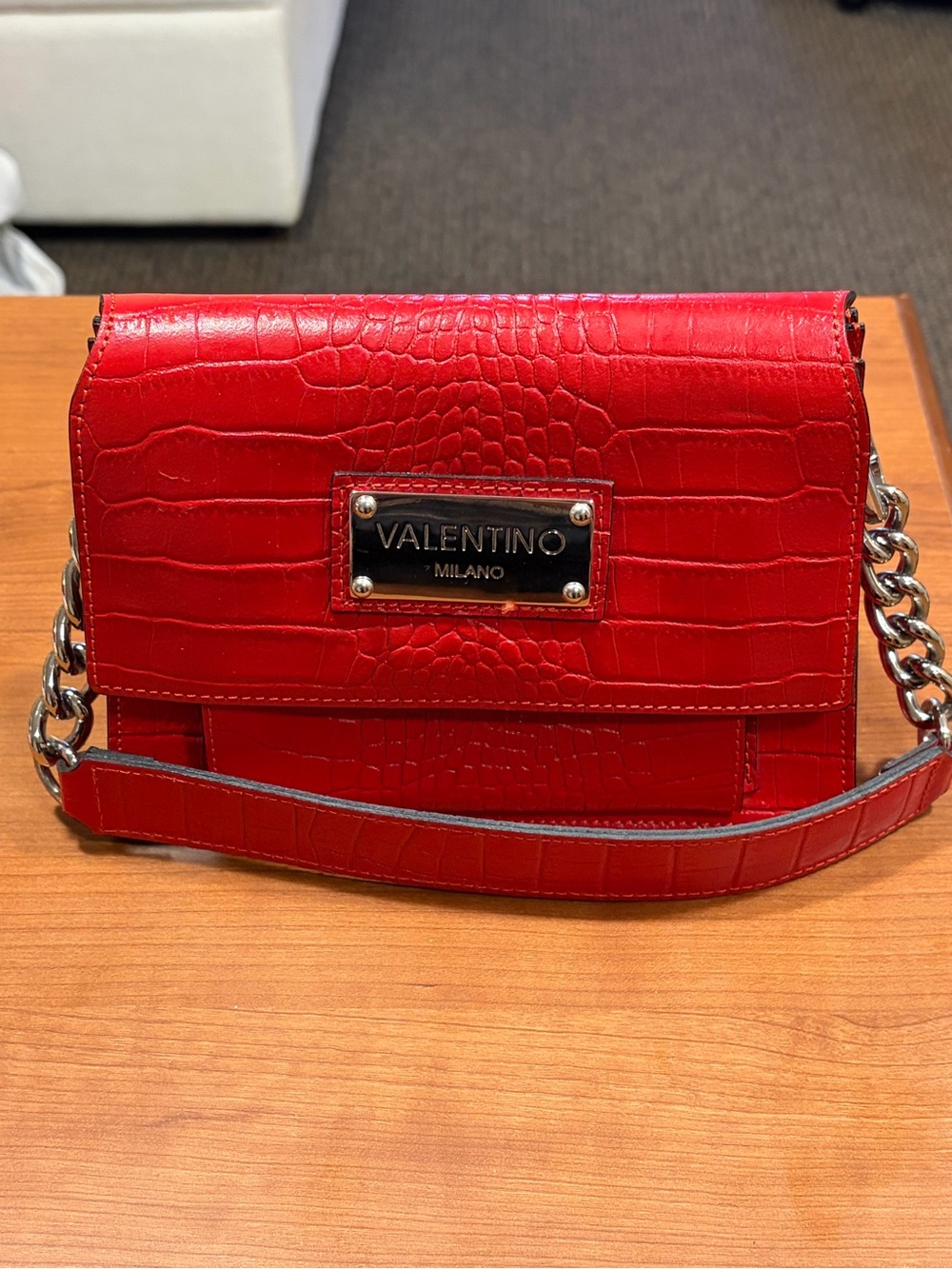 Valentino Milano Red Croc Leather Embossed Shoulder Bag Purse Clutch
